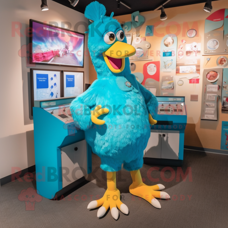 Turquoise Chicken mascot costume character dressed with a Mom Jeans and Coin purses