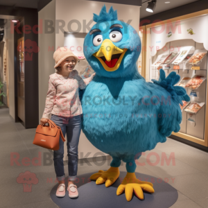 Turquoise Chicken mascot costume character dressed with a Mom Jeans and Coin purses