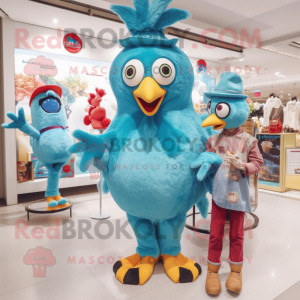 Turquoise Chicken mascot costume character dressed with a Mom Jeans and Coin purses