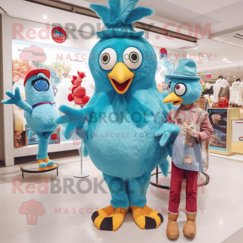 Turquoise Chicken mascot costume character dressed with a Mom Jeans and Coin purses Turquoise Chicken mascot costume character dressed with a Mom Jeans and Coin purses