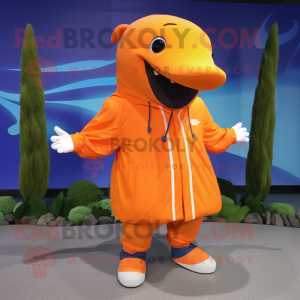 Orange Whale mascot costume character dressed with a Windbreaker and Cufflinks