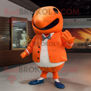 Orange Whale mascot costume character dressed with a Windbreaker and Cufflinks