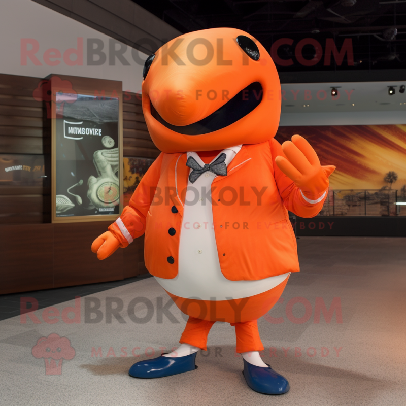 Orange Whale mascot costume character dressed with a Windbreaker and Cufflinks