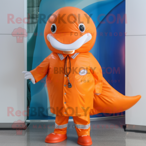 Orange Whale mascot costume character dressed with a Windbreaker and Cufflinks