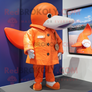 Orange Whale mascot costume character dressed with a Windbreaker and Cufflinks