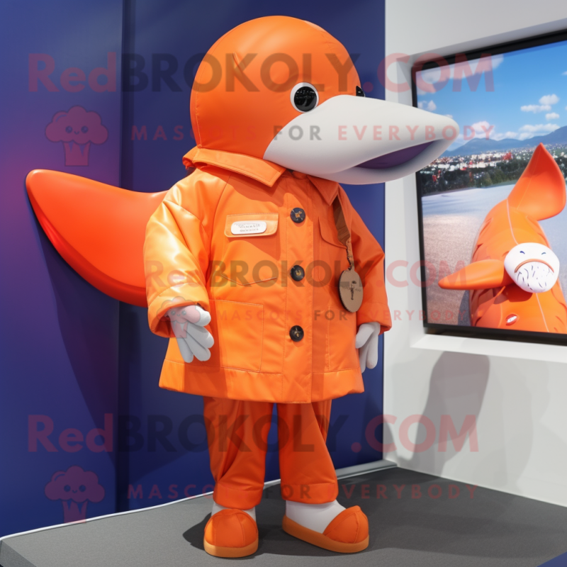 Orange Whale mascot costume character dressed with a Windbreaker and Cufflinks