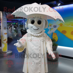 White Paella mascot costume character dressed with a Raincoat and Berets