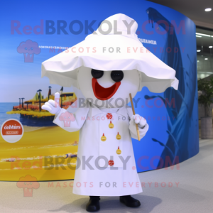 White Paella mascot costume character dressed with a Raincoat and Berets