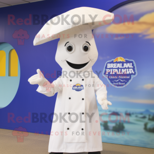 White Paella mascot costume character dressed with a Raincoat and Berets