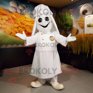 White Paella mascot costume character dressed with a Raincoat and Berets
