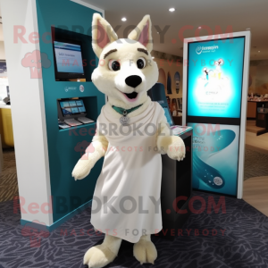 White Dingo mascot costume character dressed with a Wrap Dress and Earrings
