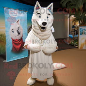 White Dingo mascot costume character dressed with a Wrap Dress and Earrings