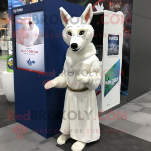 White Dingo mascot costume character dressed with a Wrap Dress and Earrings