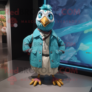 Turquoise Guinea Fowl mascot costume character dressed with a Windbreaker and Ties