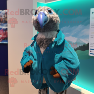 Turquoise Guinea Fowl mascot costume character dressed with a Windbreaker and Ties