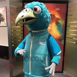 Turquoise Guinea Fowl mascot costume character dressed with a Windbreaker and Ties