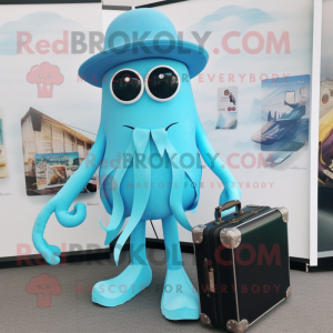 Sky Blue Squid mascot costume character dressed with a Shorts and Briefcases