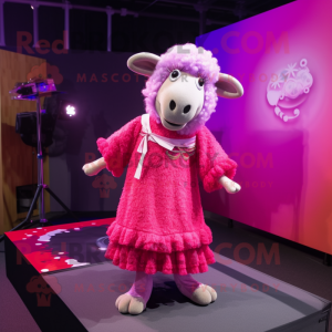 Magenta Sheep mascot costume character dressed with a Midi Dress and Shawls