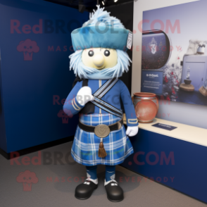 Blue Bagpipe mascot costume character dressed with a Dress Pants and Hairpins