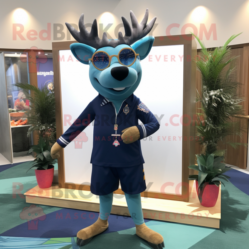 Navy Deer mascot costume character dressed with a Bermuda Shorts and Shawl pins