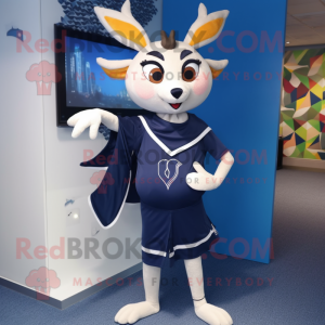Navy Deer mascot costume character dressed with a Bermuda Shorts and Shawl pins