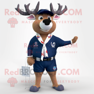 Navy Deer mascot costume character dressed with a Bermuda Shorts and Shawl pins