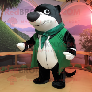 Forest Green Killer Whale mascot costume character dressed with a Waistcoat and Shawl pins