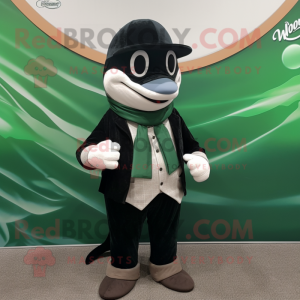 Forest Green Killer Whale mascot costume character dressed with a Waistcoat and Shawl pins