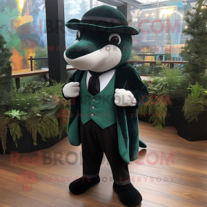 Forest Green Killer Whale mascot costume character dressed with a Waistcoat and Shawl pins