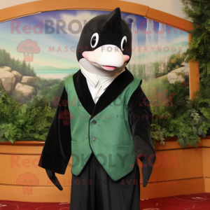 Forest Green Killer Whale mascot costume character dressed with a Waistcoat and Shawl pins