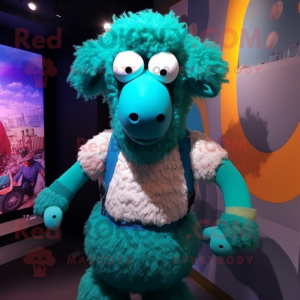 Turquoise Sheep mascot costume character dressed with a Tank Top and Hairpins