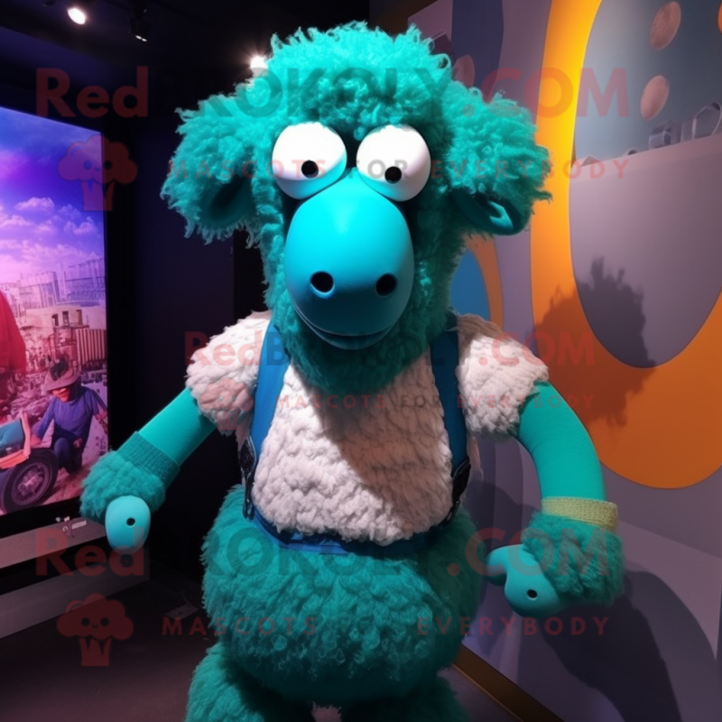 Turquoise Sheep mascot costume character dressed with a Tank Top and Hairpins