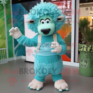 Turquoise Sheep mascot costume character dressed with a Tank Top and Hairpins