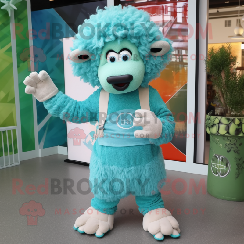 Turquoise Sheep mascot costume character dressed with a Tank Top and Hairpins Turquoise Sheep mascot costume character dressed with a Tank Top and Hairpins