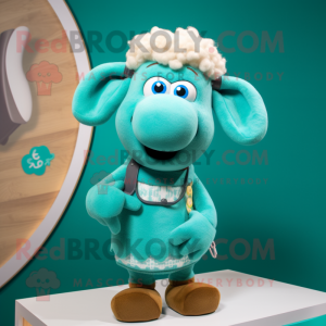 Turquoise Sheep mascot costume character dressed with a Tank Top and Hairpins