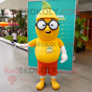 nan Mango mascot costume character dressed with a Polo Tee and Eyeglasses