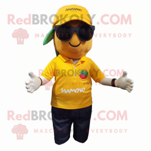 nan Mango mascot costume character dressed with a Polo Tee and Eyeglasses