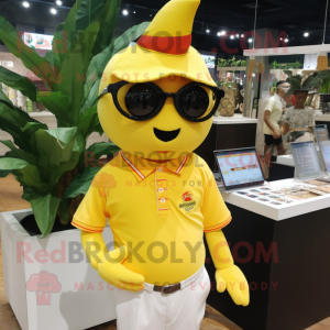 nan Mango mascot costume character dressed with a Polo Tee and Eyeglasses