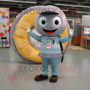 Gray Donut mascot costume character dressed with a A-Line Skirt and Messenger bags