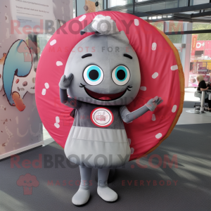Gray Donut mascot costume character dressed with a A-Line Skirt and Messenger bags