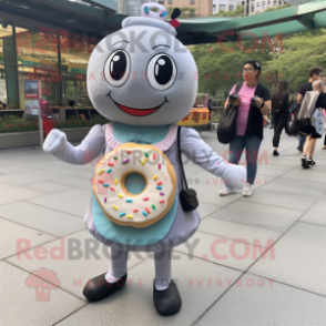 Gray Donut mascot costume character dressed with a A-Line Skirt and Messenger bags