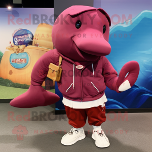Maroon Whale mascot costume character dressed with a Sweatshirt and Wallets