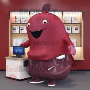 Maroon Whale mascot costume character dressed with a Sweatshirt and Wallets