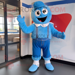 Sky Blue Cupcake mascot costume character dressed with a Overalls and Belts