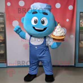 Sky Blue Cupcake mascot costume character dressed with a Overalls and Belts