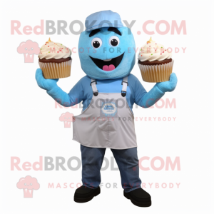 Sky Blue Cupcake mascot costume character dressed with a Overalls and Belts