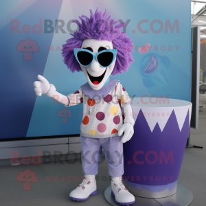 Lavender Clown mascot costume character dressed with a V-Neck Tee and Sunglasses