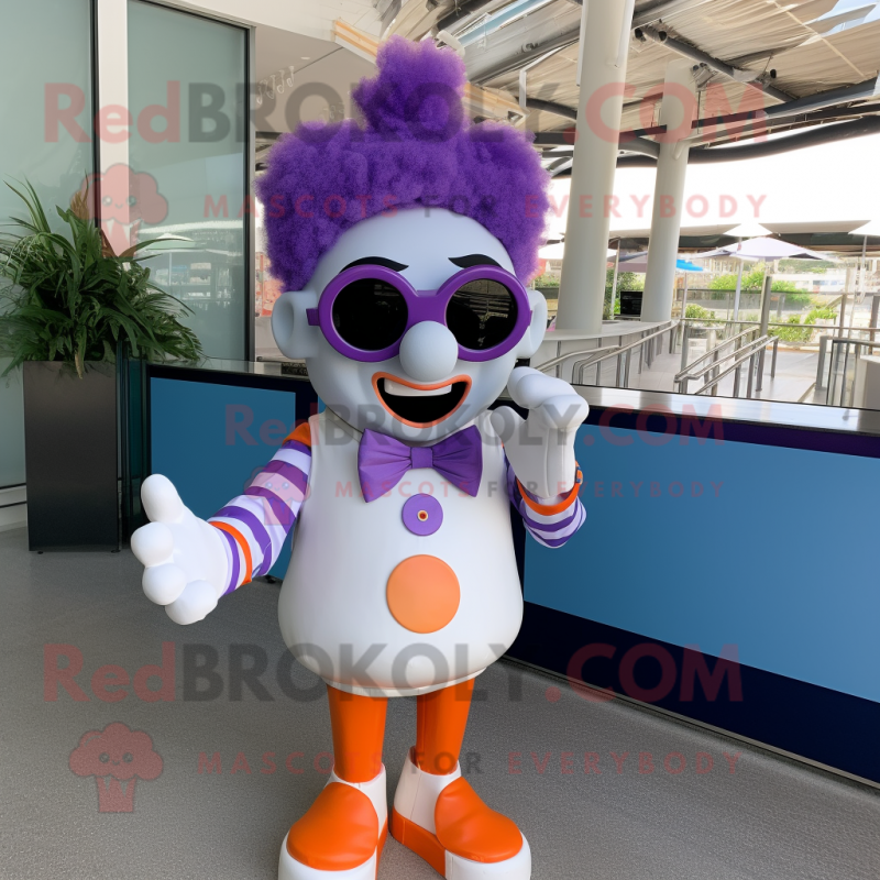 Lavender Clown mascot costume character dressed with a V-Neck Tee and Sunglasses