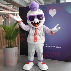 Lavender Clown mascot costume character dressed with a V-Neck Tee and Sunglasses