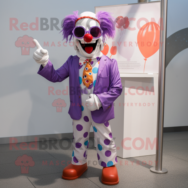 Lavender Clown mascot costume character dressed with a V-Neck Tee and Sunglasses